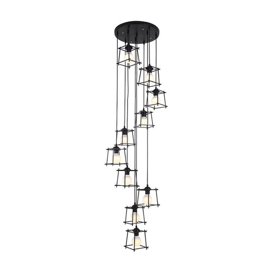 Minimalist Metallic Cube Cage Stair Pendant Light Chandelier - 10 Bulbs, Black Finish