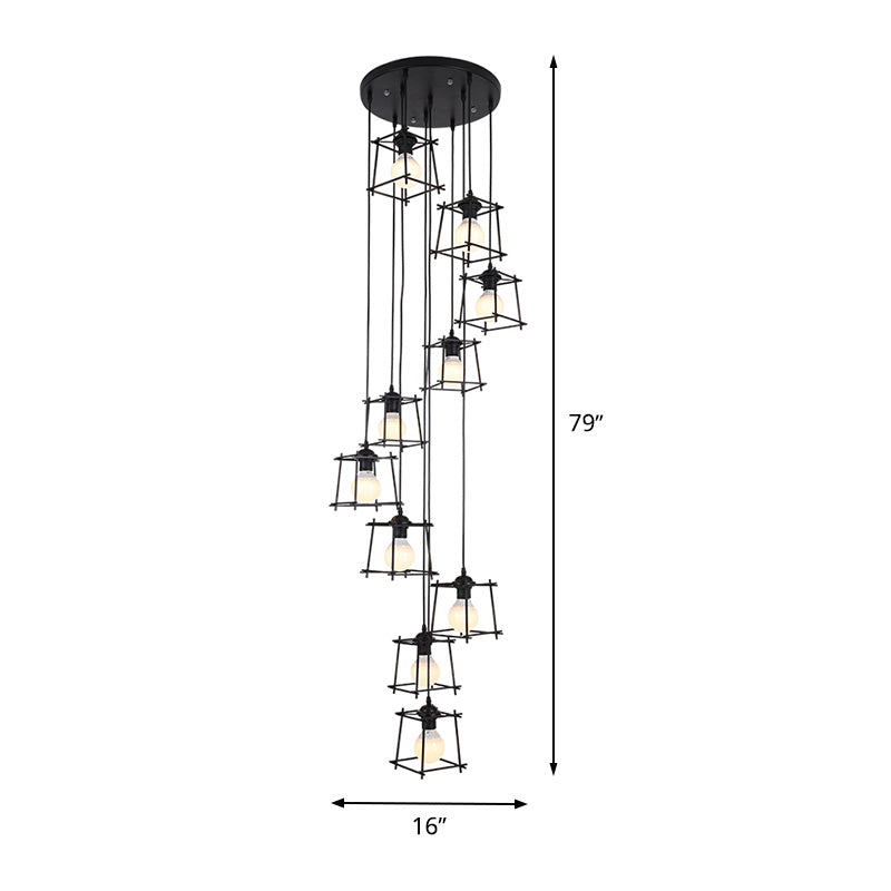 Minimalist Metallic Cube Cage Stair Pendant Light Chandelier - 10 Bulbs, Black Finish
