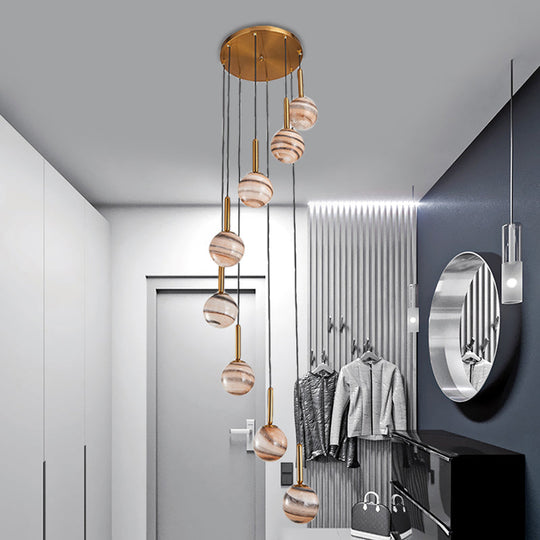 Jupiter Glass Cluster Pendant with Modern Spiral Design - 8 Light Brown Hanging Ceiling Lamp
