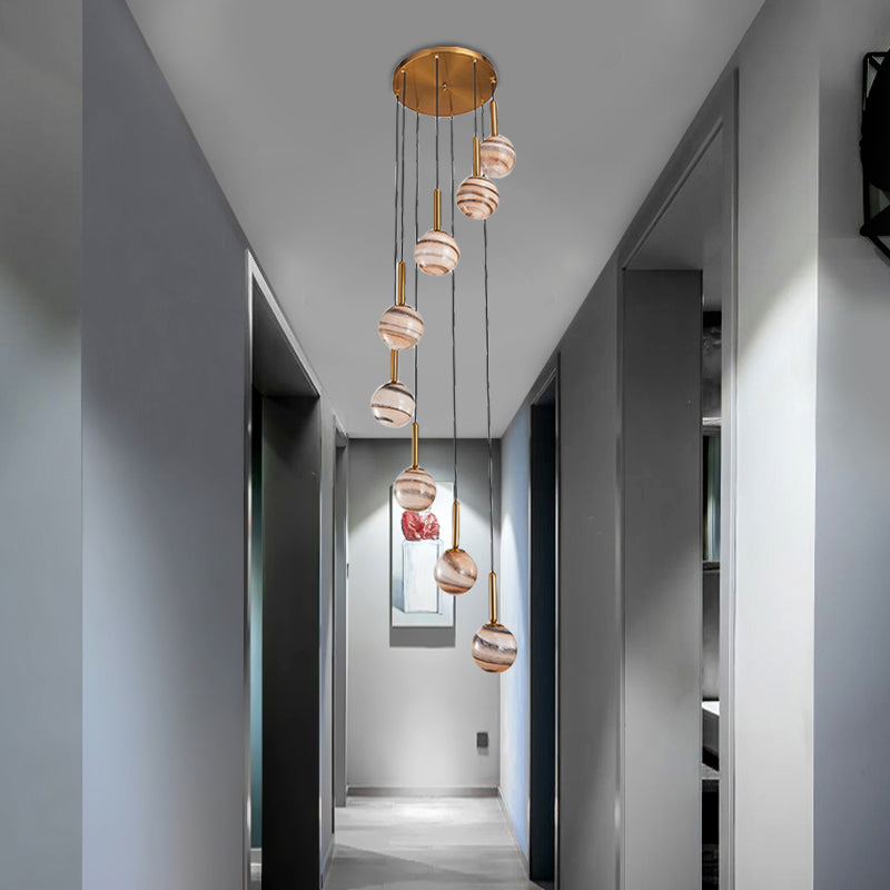 Jupiter Glass Cluster Pendant with Modern Spiral Design - 8 Light Brown Hanging Ceiling Lamp