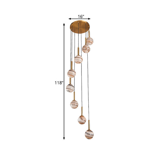 Jupiter Glass Cluster Pendant with Modern Spiral Design - 8 Light Brown Hanging Ceiling Lamp