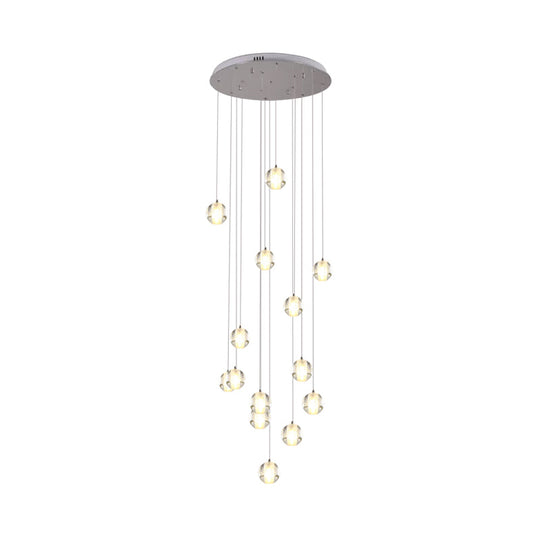 Modern White Crystal Cluster Pendant Light with 14 Bulbs - Meteor Shower Stair Hanging Lamp