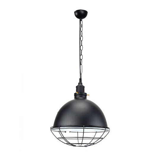 Retro Industrial Metal Pendant Light - Bowl Shade, 1 Bulb - Black/White/Red - Indoor Ceiling Light with Wire Guard and Chain