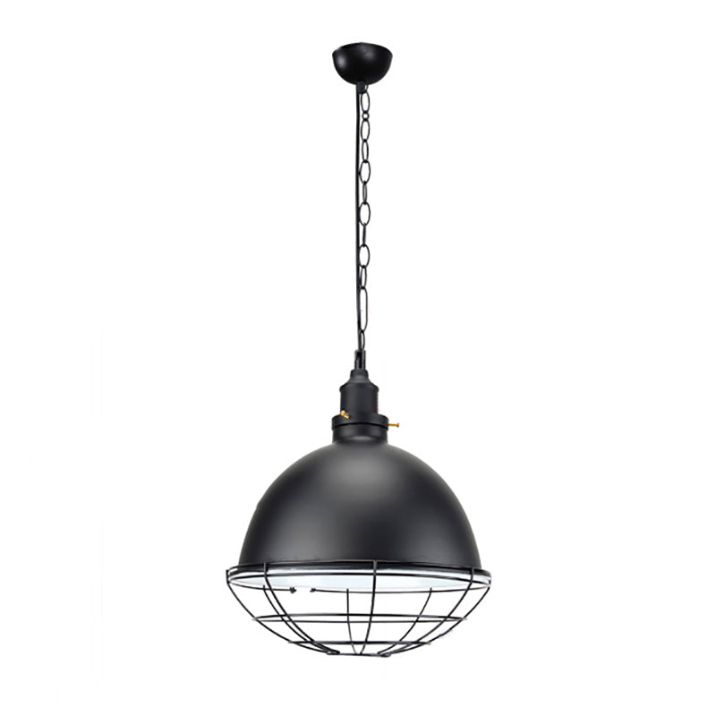 Retro Industrial Metal Pendant Light - Bowl Shade, 1 Bulb - Black/White/Red - Indoor Ceiling Light with Wire Guard and Chain