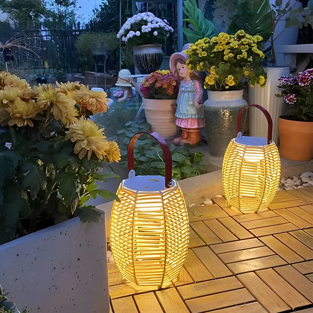 Portable Rattan Lantern Solar LED Waterproof Outdoor Floor Light