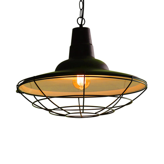 Vintage Metal Pendant Light - Stylish Wire Frame Ceiling Lamp | 1-Light Restaurant Hanging Fixture (Black)