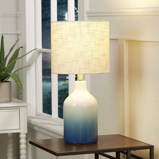 Modern Blue Ceramic Table Lamp - Urn Task Light with White Drum Shade