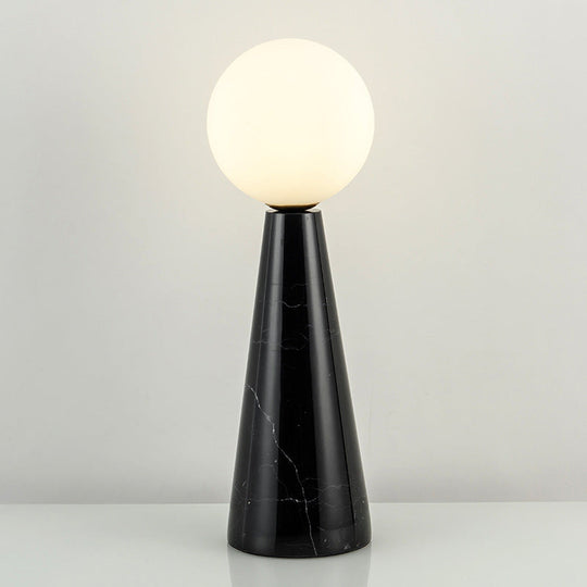 Modern Milk Glass Ball Desk Light - 1 Bulb Table Lamp with Black/White Marble Base