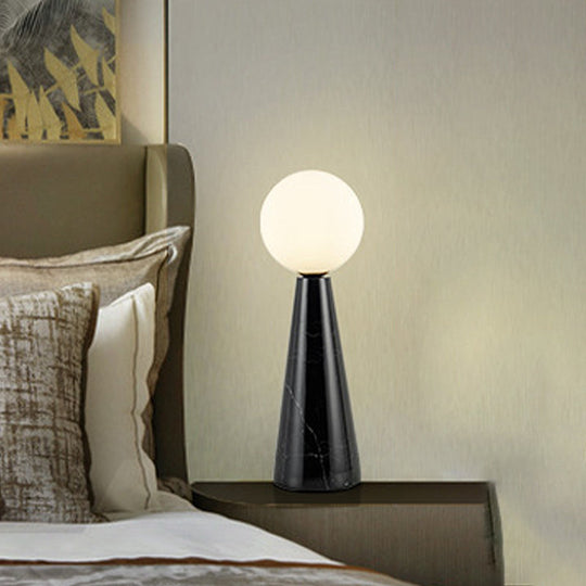 Modern Milk Glass Ball Desk Light - 1 Bulb Table Lamp with Black/White Marble Base