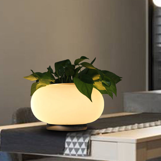 White Glass Oval Table Lamp - Industrial LED Nightstand Light for Living Room with Plant Decoration
