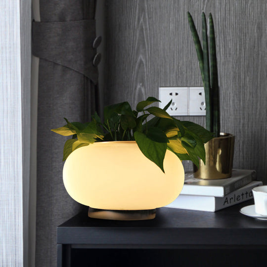 White Glass Oval Table Lamp - Industrial LED Nightstand Light for Living Room with Plant Decoration