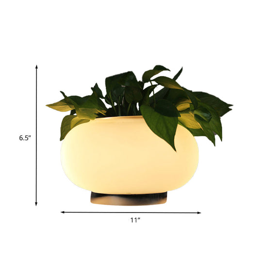 White Glass Oval Table Lamp - Industrial LED Nightstand Light for Living Room with Plant Decoration