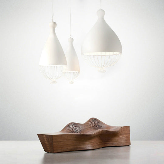 Modern White Teardrop Pendant Lamp with Wire Guard - Aluminum, 1-Light Ceiling Light for Restaurants