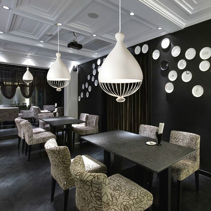 Modern White Teardrop Pendant Lamp with Wire Guard - Aluminum, 1-Light Ceiling Light for Restaurants