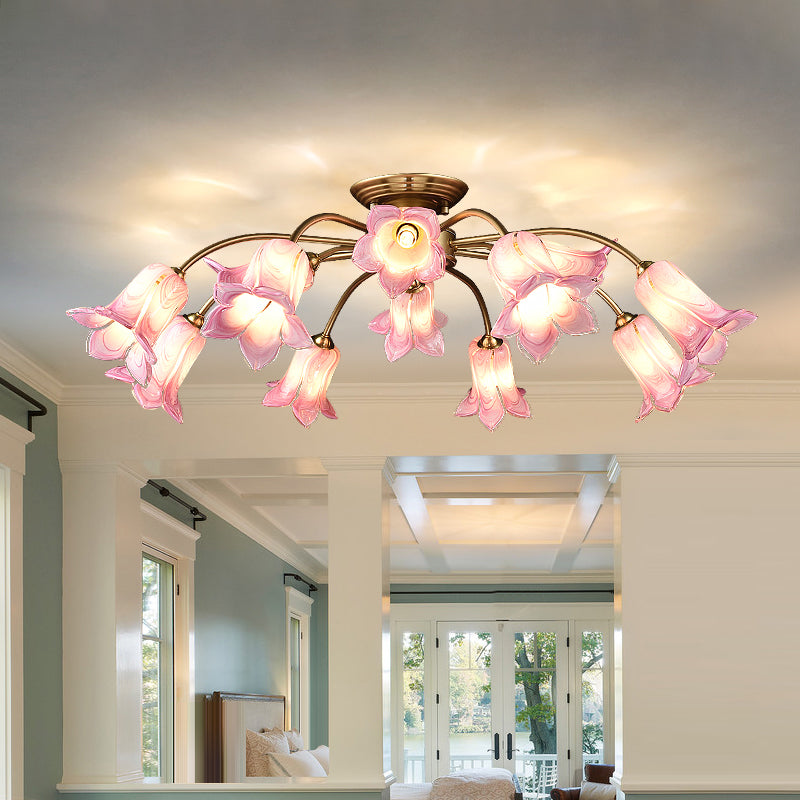 10-Head LED Semi Flush Mount Ceiling Light for Bedroom with Pastoral Lily/Tulip Glass Shade - White/Purple/Beige