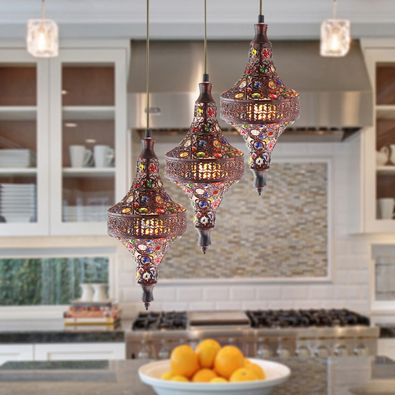 Copper 3-Light Teardrop Pendant: Traditional Metal Suspension Lamp for Kitchen