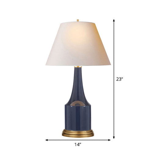 Modern Cone Desk Lamp - White Fabric Shade with Blue Ceramic Base
