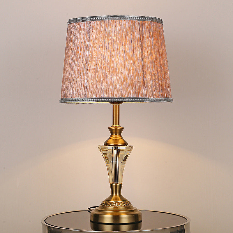 1-Bulb Gold Barrel Nightstand Lamp with Fabric Shade - Contemporary Reading Light