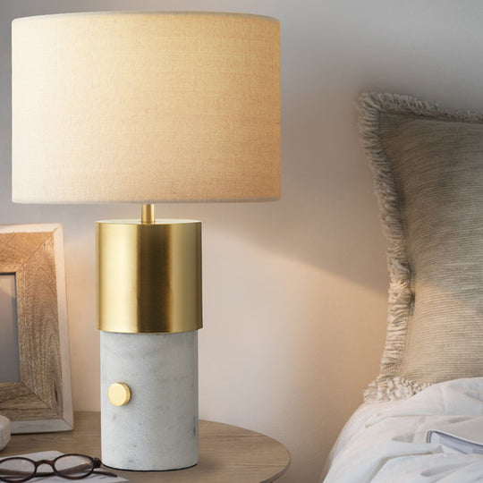 1-Light Nordic Night Lamp with White Marble Column - Drum Fabric Shade for Bedroom Lighting