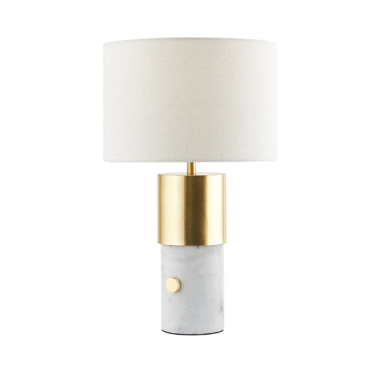 1-Light Nordic Night Lamp with White Marble Column - Drum Fabric Shade for Bedroom Lighting
