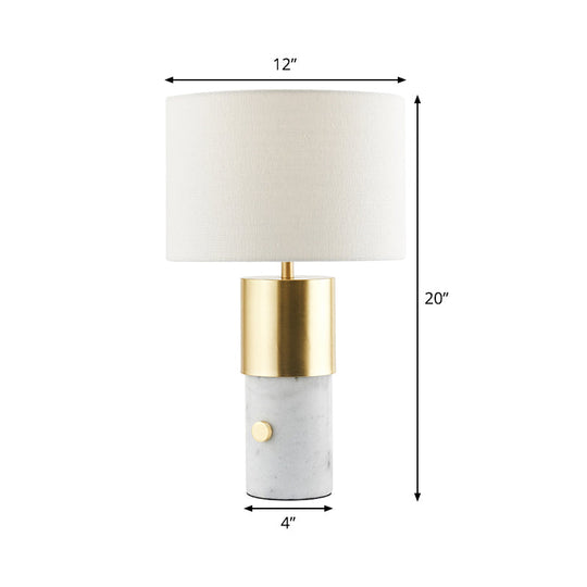 1-Light Nordic Night Lamp with White Marble Column - Drum Fabric Shade for Bedroom Lighting