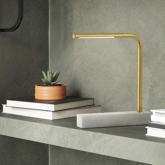 Modern Brass LED Table Lamp with Right Angled Design, Nordic Night Light for Study Room, Metal Construction & Marble Base