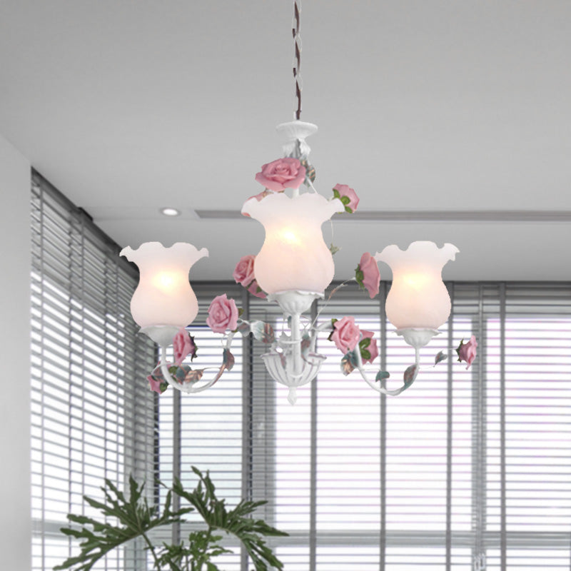 Metal White Chandelier with Curvy Arms - Pastoral Rose Down Lighting for Bedroom (3/5/6 Bulbs)