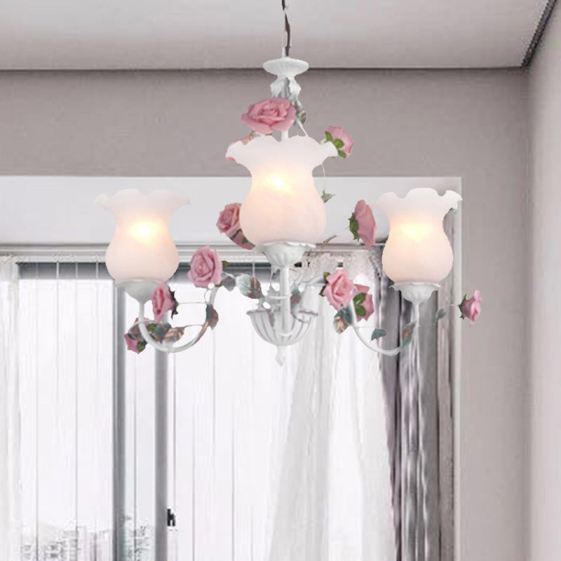 Metal White Chandelier with Curvy Arms - Pastoral Rose Down Lighting for Bedroom (3/5/6 Bulbs)
