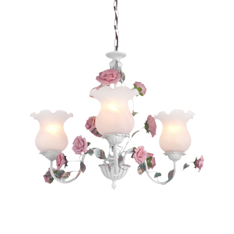 Metal White Chandelier with Curvy Arms - Pastoral Rose Down Lighting for Bedroom (3/5/6 Bulbs)