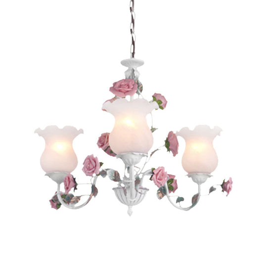 Metal White Chandelier with Curvy Arms - Pastoral Rose Down Lighting for Bedroom (3/5/6 Bulbs)