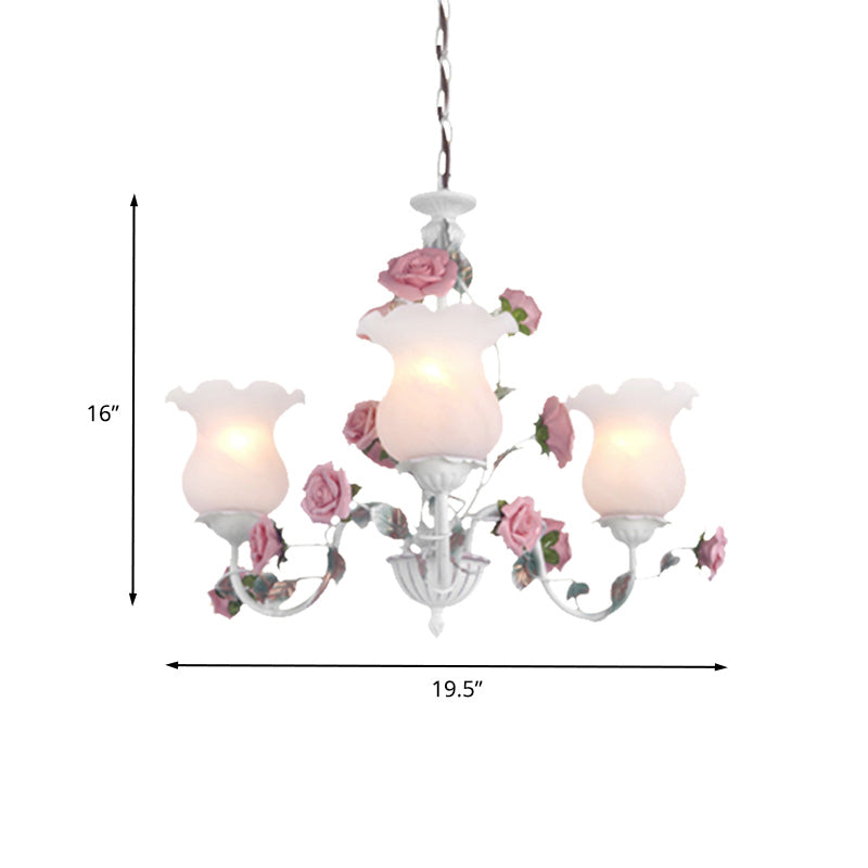 Metal White Chandelier with Curvy Arms - Pastoral Rose Down Lighting for Bedroom (3/5/6 Bulbs)