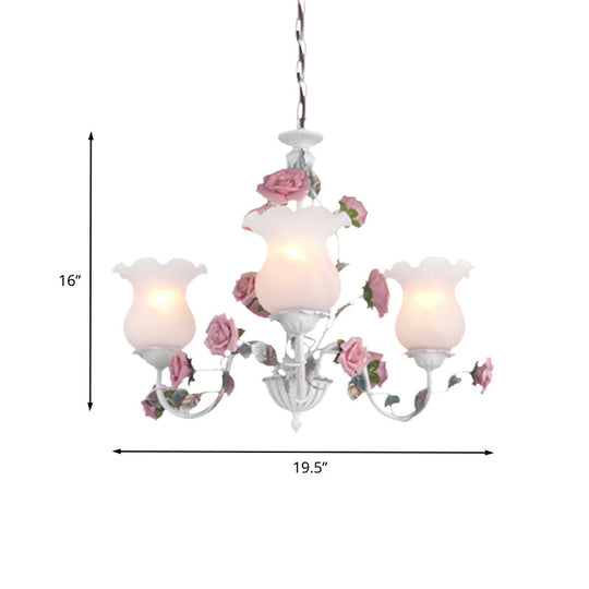 Metal White Chandelier with Curvy Arms - Pastoral Rose Down Lighting for Bedroom (3/5/6 Bulbs)