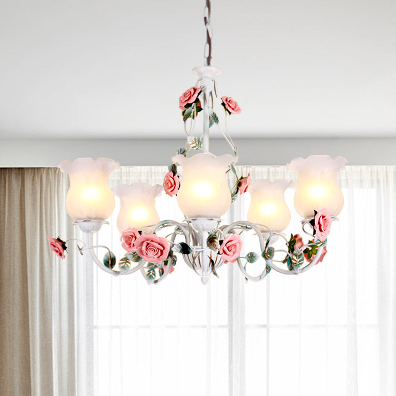 Metal White Chandelier with Curvy Arms - Pastoral Rose Down Lighting for Bedroom (3/5/6 Bulbs)