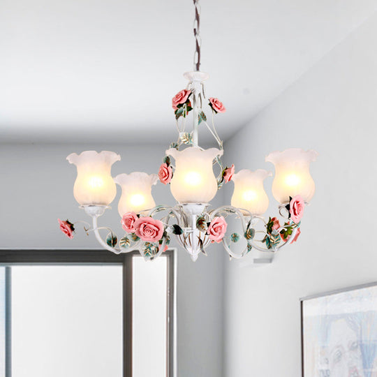 Metal White Chandelier with Curvy Arms - Pastoral Rose Down Lighting for Bedroom (3/5/6 Bulbs)