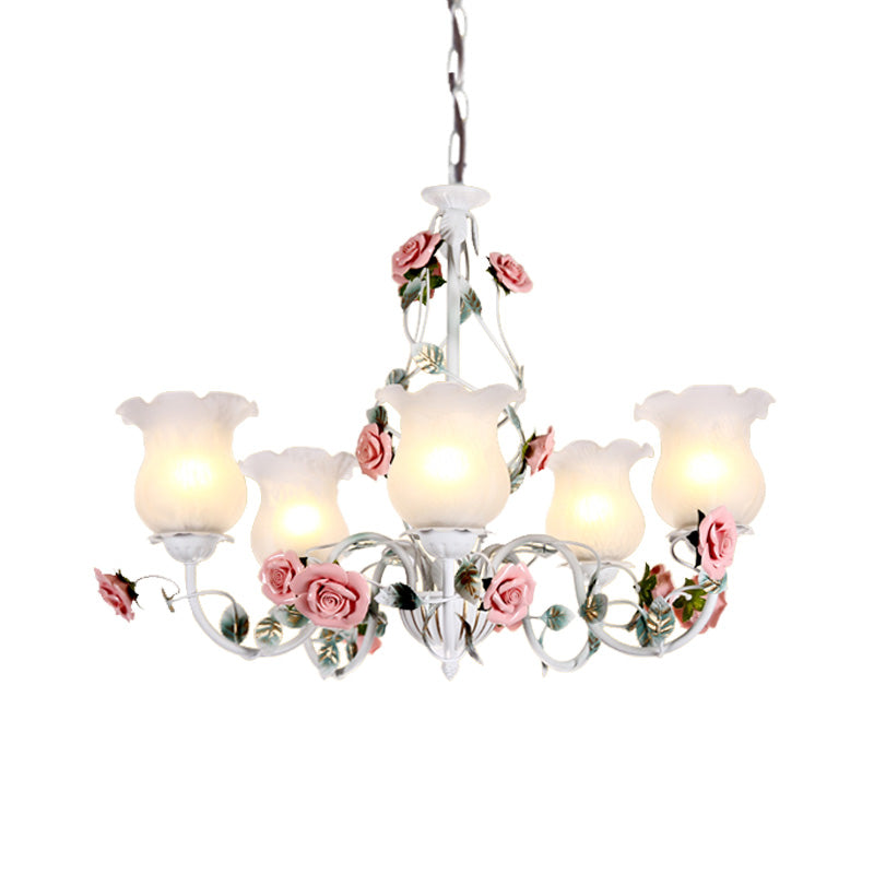 Metal White Chandelier with Curvy Arms - Pastoral Rose Down Lighting for Bedroom (3/5/6 Bulbs)