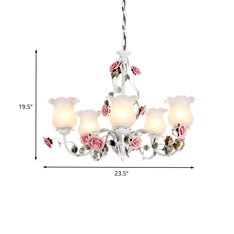 Metal White Chandelier with Curvy Arms - Pastoral Rose Down Lighting for Bedroom (3/5/6 Bulbs)