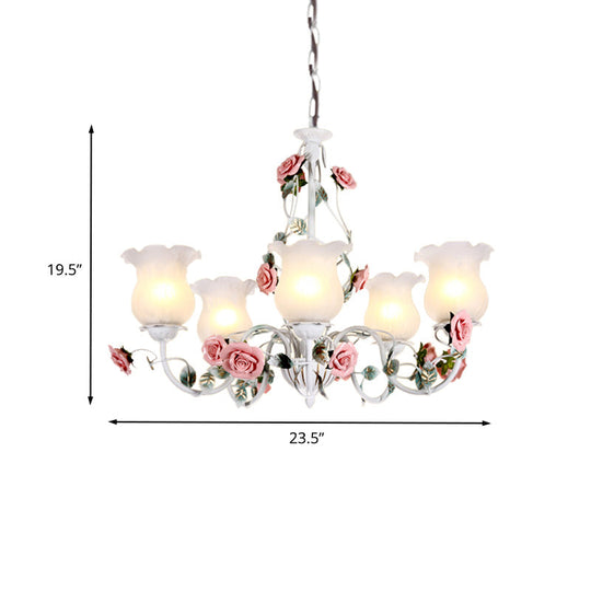 Metal White Chandelier with Curvy Arms - Pastoral Rose Down Lighting for Bedroom (3/5/6 Bulbs)