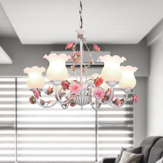 Metal White Chandelier with Curvy Arms - Pastoral Rose Down Lighting for Bedroom (3/5/6 Bulbs)