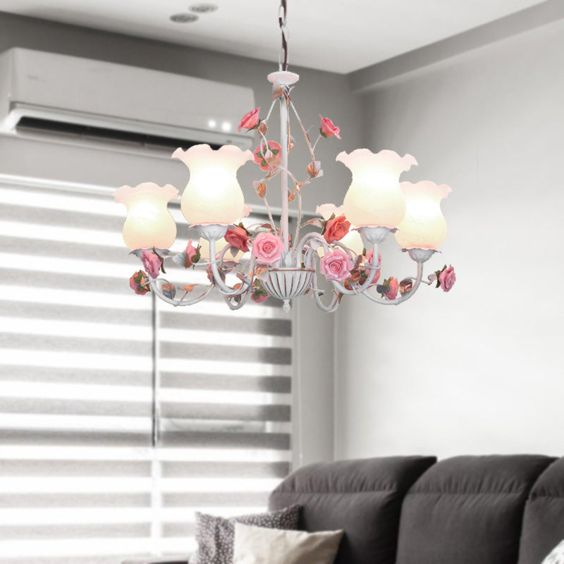 Metal White Chandelier with Curvy Arms - Pastoral Rose Down Lighting for Bedroom (3/5/6 Bulbs)