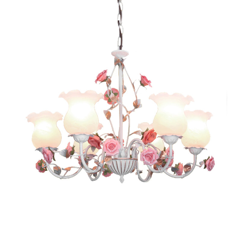 Metal White Chandelier with Curvy Arms - Pastoral Rose Down Lighting for Bedroom (3/5/6 Bulbs)