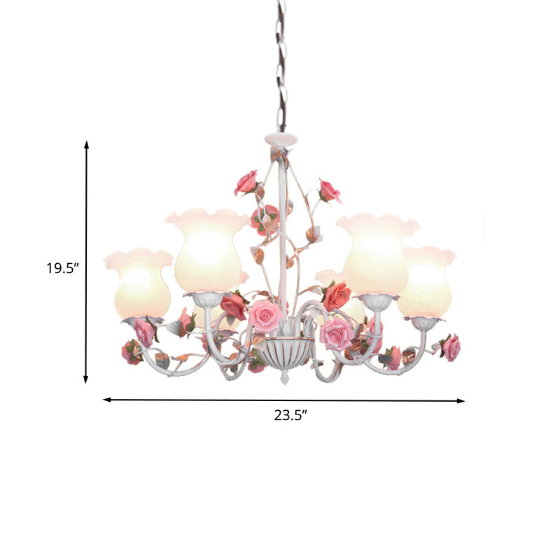 Metal White Chandelier with Curvy Arms - Pastoral Rose Down Lighting for Bedroom (3/5/6 Bulbs)