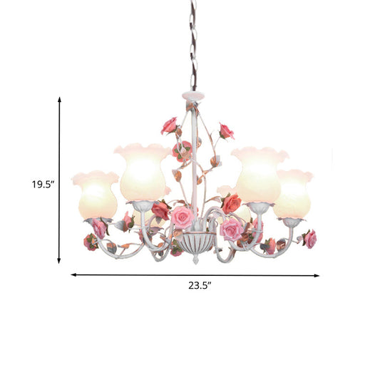 Metal White Chandelier with Curvy Arms - Pastoral Rose Down Lighting for Bedroom (3/5/6 Bulbs)