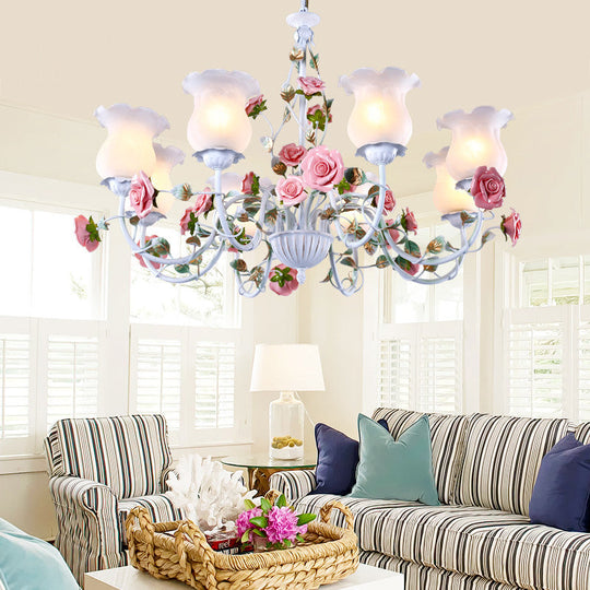 Metal White Chandelier with Curvy Arms - Pastoral Rose Down Lighting for Bedroom (3/5/6 Bulbs)
