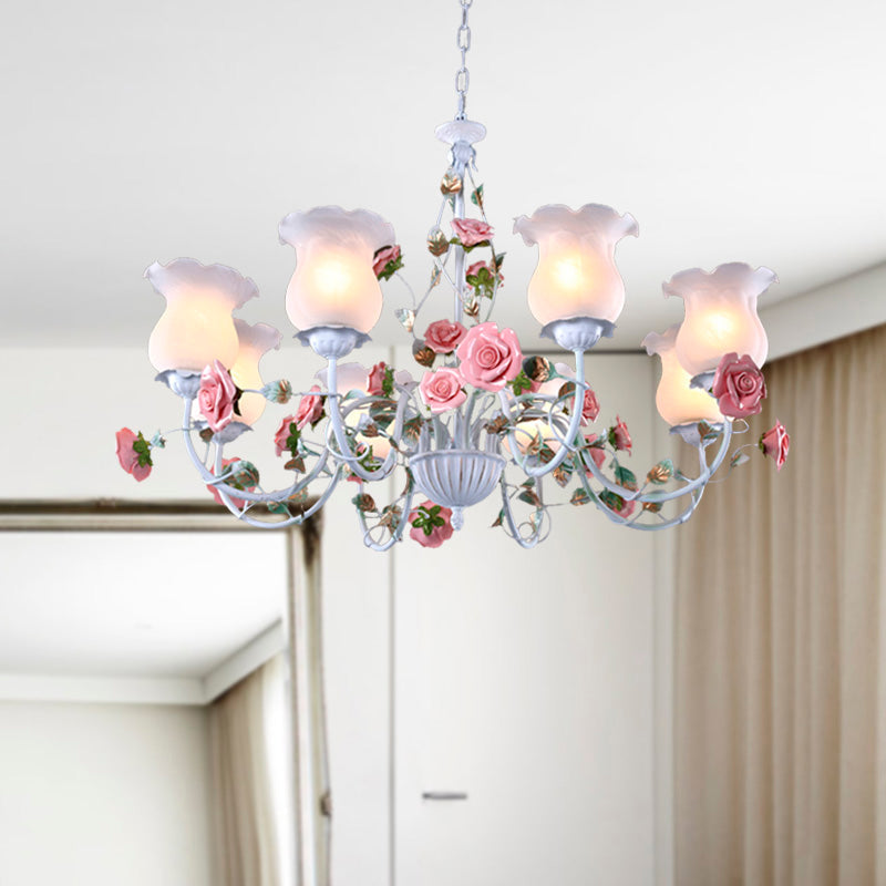 Metal White Chandelier with Curvy Arms - Pastoral Rose Down Lighting for Bedroom (3/5/6 Bulbs)
