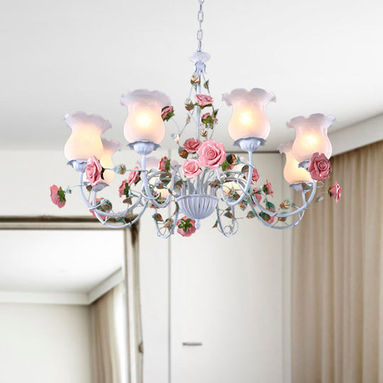 Metal White Chandelier with Curvy Arms - Pastoral Rose Down Lighting for Bedroom (3/5/6 Bulbs)