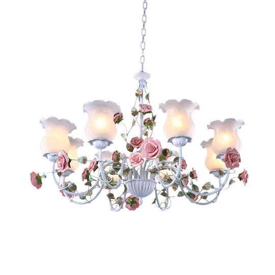 Metal White Chandelier with Curvy Arms - Pastoral Rose Down Lighting for Bedroom (3/5/6 Bulbs)