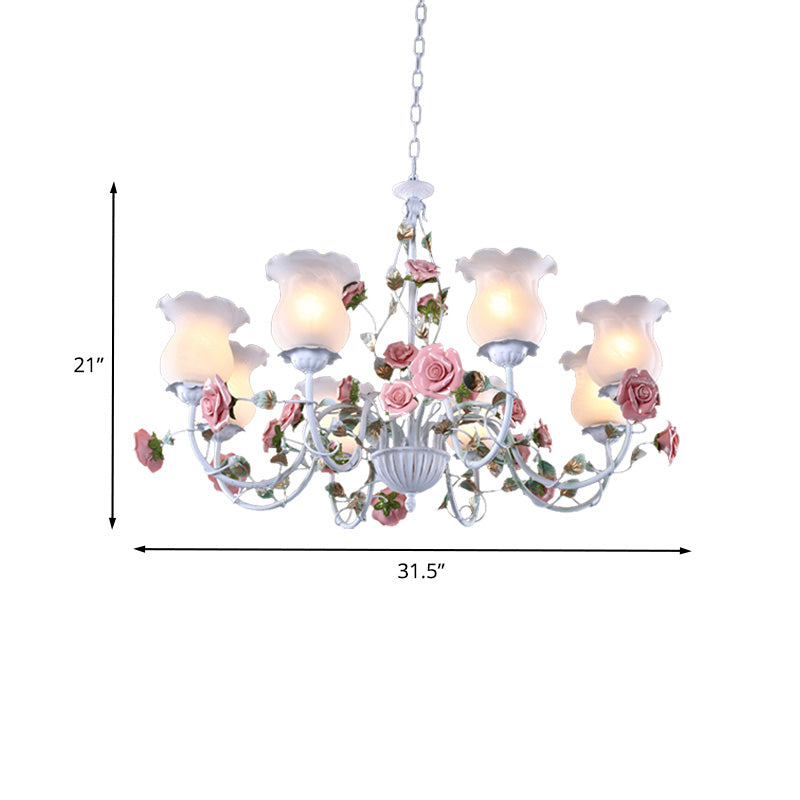 Metal White Chandelier with Curvy Arms - Pastoral Rose Down Lighting for Bedroom (3/5/6 Bulbs)
