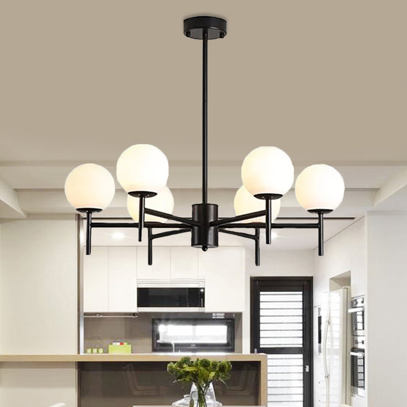 Contemporary Black/Gold Globe Chandelier with Radial Design - 6/8/9 Lights, Milk Glass Hanging Lamp