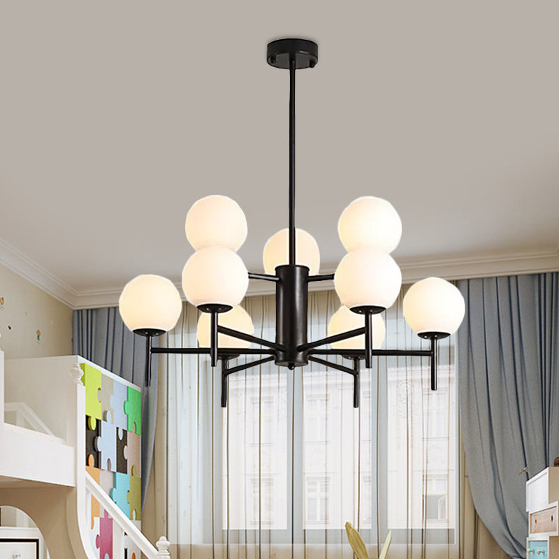 Contemporary Black/Gold Globe Chandelier with Radial Design - 6/8/9 Lights, Milk Glass Hanging Lamp