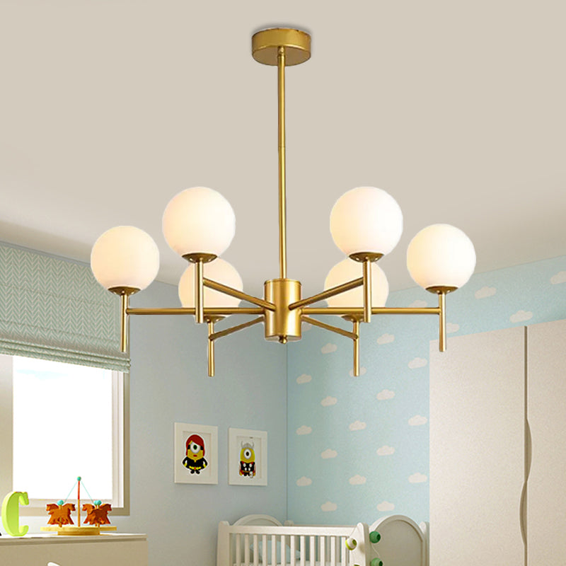 Contemporary Black/Gold Globe Chandelier with Radial Design - 6/8/9 Lights, Milk Glass Hanging Lamp